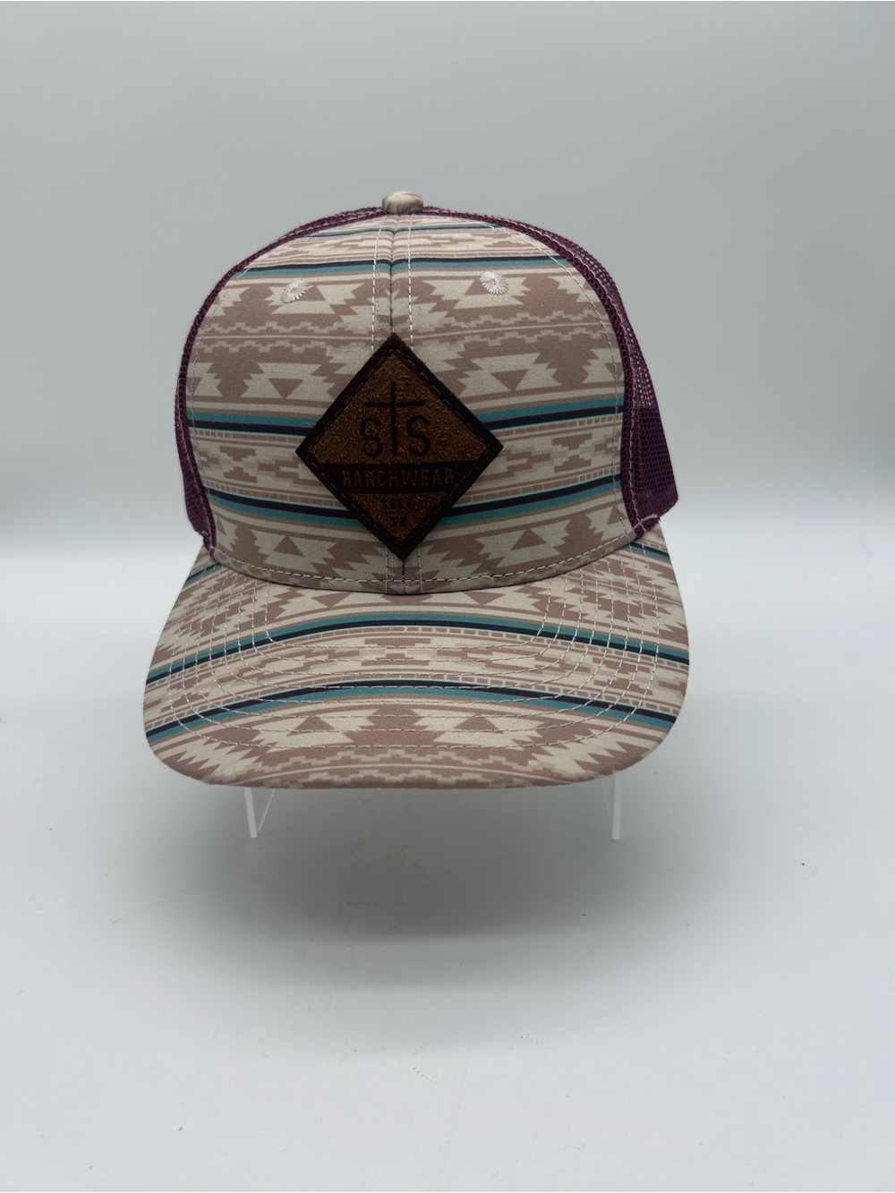 STS Ranchwear Leather Patch Trucker Hat - Tan & Teal Accent